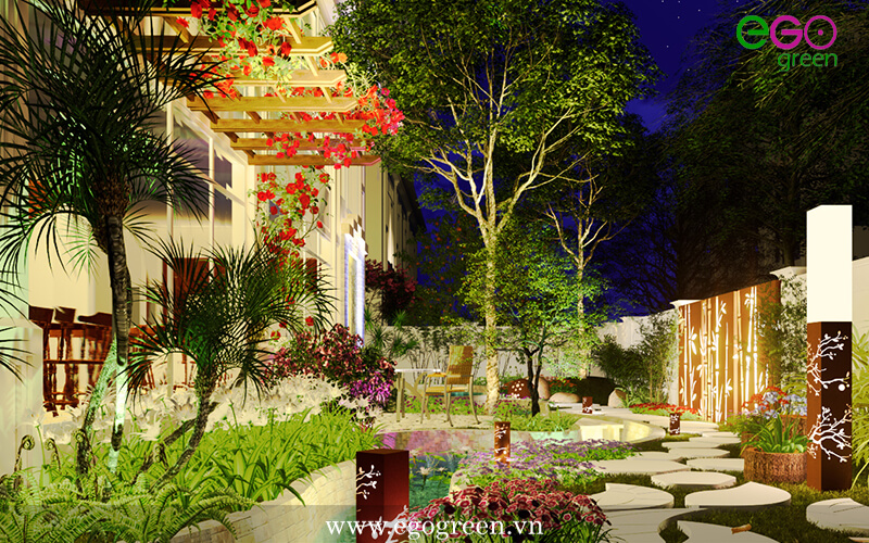Thiết kế kiến trúc xanh khu vực sân vườn biệt thự Splendora